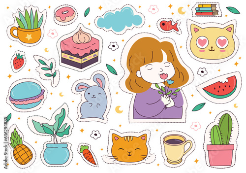 Flat cartoon set of kawaii sticker. An illustration set of adorable kawaii stickers, featuring playful and lovable characters in a cartoon style. Vector illustration.