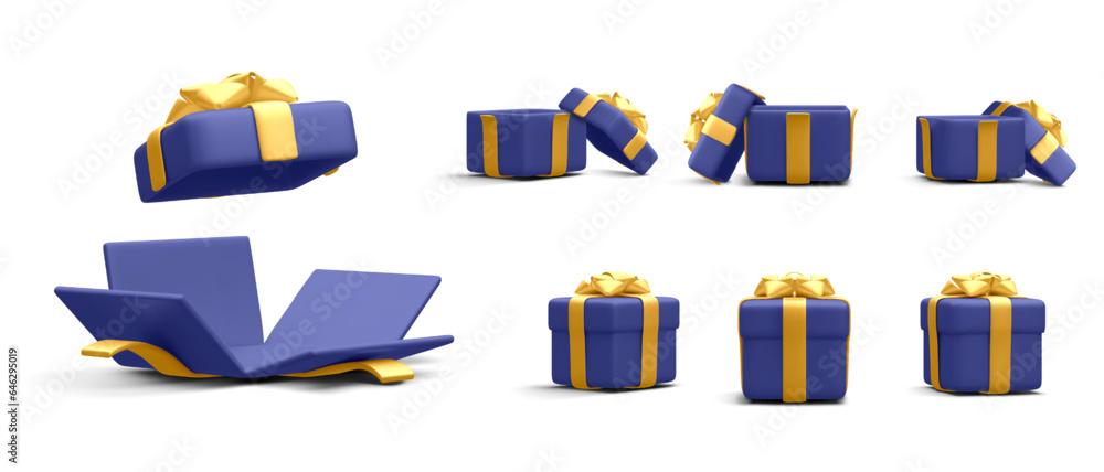 Set of 3d realistic gift boxes with gold ribbon isolated on white ...