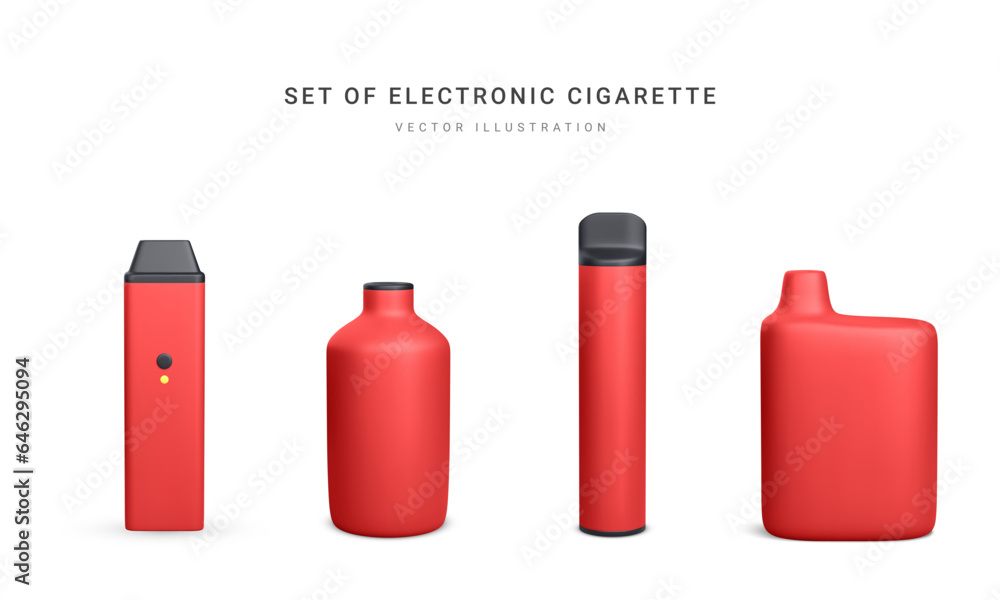 Set of 3d realistic disposable electronic cigarette isolated on white background. Modern smoking, vaping and nicotine with different flavors. Vector illustration