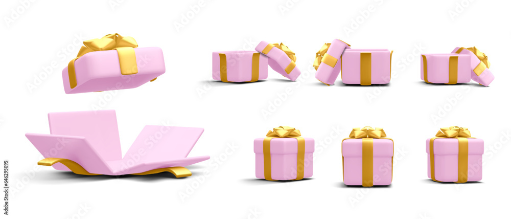 Set of 3d realistic gift boxes with gold ribbon isolated on white ...