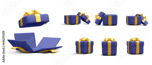 Set of 3d realistic gift boxes with gold ribbon isolated on white background. Surprise boxes. Vector illustration