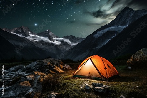 hikers' tent beside lit flashlight, set at mountain's base. Generative AI