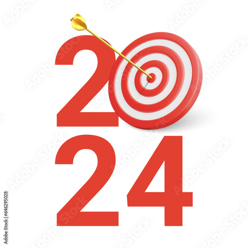 New Year realistic target and goals with symbol of 2024 from red target and arrows. Target concept for new year 2024. Vector illustration