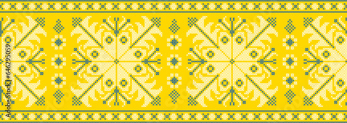 Vector illustration of Ukrainian ornament in ethnic style, identity, vyshyvanka, embroidery for print clothes, websites, banners. Background. Geometric design, border, copy space, frame