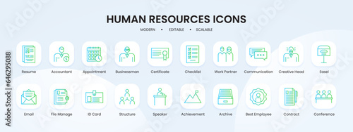 Human resources icon collection with blue and green gradient outline style. business, team, teamwork, set, work, management, symbol. Vector Illustration
