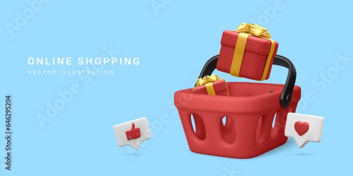 3d realistic banner with shopping basket and gift box in cartoon style on blue background. Poster or web page for online shopping. Vector illustration