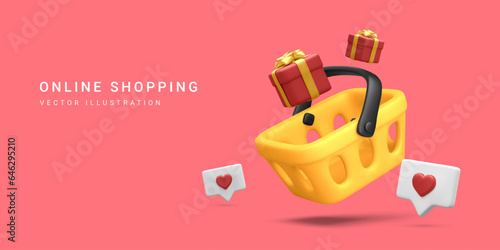 3d realistic banner with shopping basket and gift box in cartoon style on red background. Poster or web page for online shopping. Vector illustration