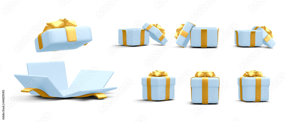 Set of 3d realistic gift boxes with gold ribbon isolated on white background. Surprise boxes. Vector illustration Set of 3d realistic gift boxes with gold ribbon isolated on white background. Surprise boxes. Vector illustration