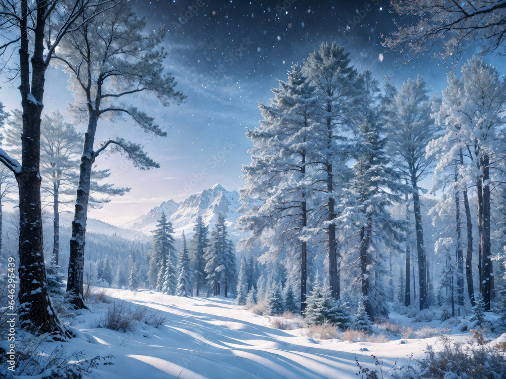 AI Generated. Winter forest landscape with mountains at the background.