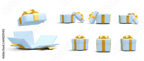 Set of 3d realistic gift boxes with gold ribbon isolated on white background. Surprise boxes. Vector illustration