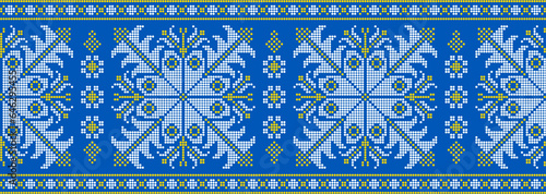 Vector illustration of Ukrainian ornament in ethnic style, identity, vyshyvanka, embroidery for print clothes, websites, banners. Background. Geometric design, border, copy space, frame