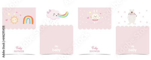 Baby shower invitation card with rainbow, bear for kid birthday, celebration