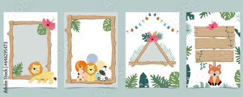 Wood frame collection of safari background set.Editable vector illustration for birthday invitation,postcard and sticker © piixypeach