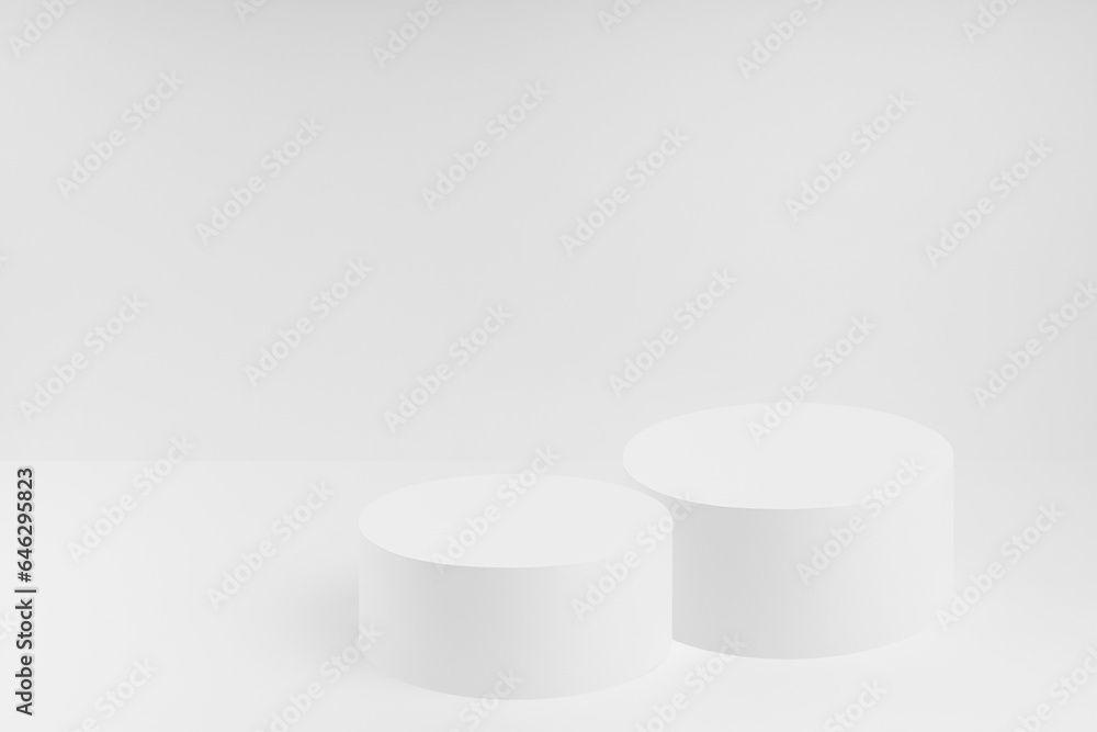 Abstract white scene with two round podiums mockup. Template for presentation cosmetic products, goods, advertising, design, sale, text, display, showing in minimalism style. Abstract white scene with two round podiums mockup. Template for presentation cosmetic products, goods, advertising, design, sale, text, display, showing in minimalism style.