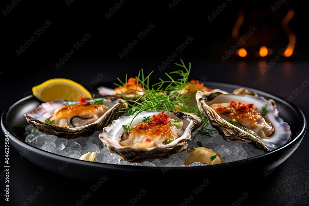 Big fresh oysters on a plate with ice Big fresh oysters on a plate with ice