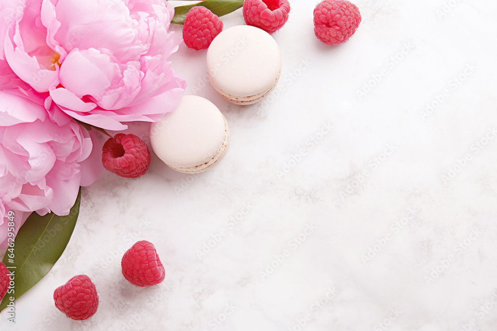 A close-up of a delicious macaroon dessert with fresh raspberries and an indulgent pink and white palette A close-up of a delicious macaroon dessert with fresh raspberries and an indulgent pink and white palette