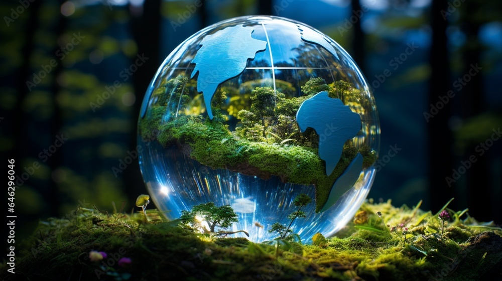 Craft a captivating photograph of a glass globe surrounded by a holographic representation of Earth, with renewable energy installations superimposed on continents, emphasizing global clean energy sol