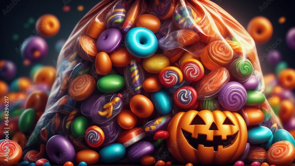 Colorful candies in bag on Halloween background. 