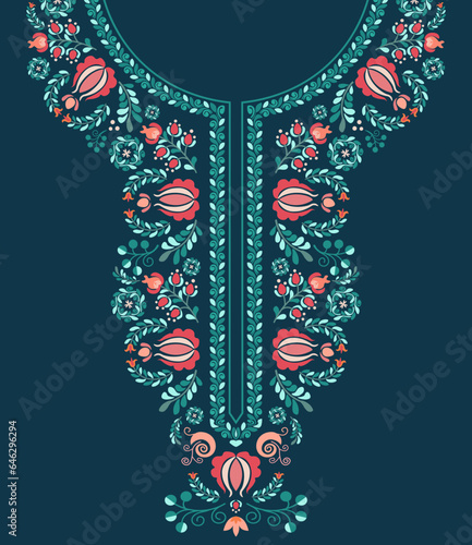 Colorful Hungarian folk art floral pattern in embroidery neckline design for kaftan dress. Fashion design for Indian kurta, kurti, blouse, and African clothing with vintage flower and foliage motifs.