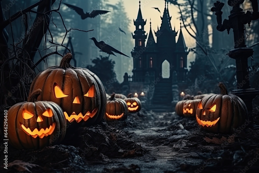 Night Halloween in the forest. Creepy illuminated pumpkins and a dark castle . Generative AI
