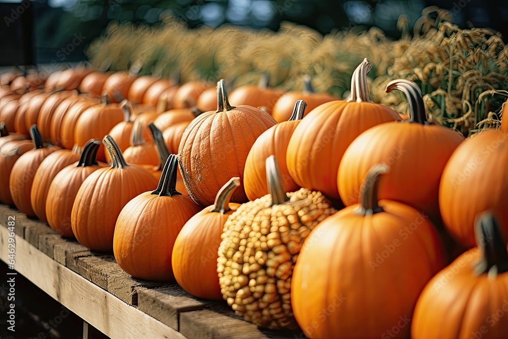 Many pumpkins ready to decorate houses at Halloween. Generative AI