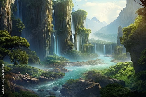 Digital artwork of a fantasy landscape with waterfalls  enchanted forests  and elven woods in a digital art illustration for wallpapers and backgrounds. Generative AI