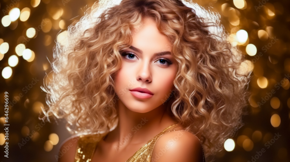 beauty blond young woman with curly hair on golden glitter background. hairstyle concept. free space beauty blond young woman with curly hair on golden glitter background. hairstyle concept. free space