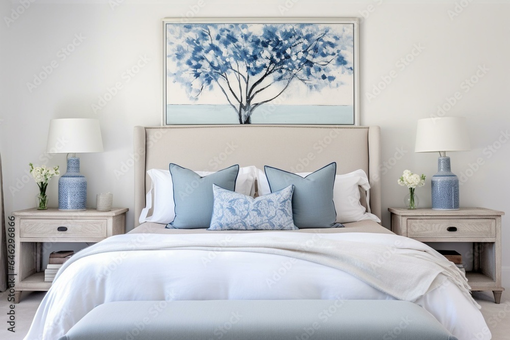 Modern bedroom with white and blue decor. Generative AI
