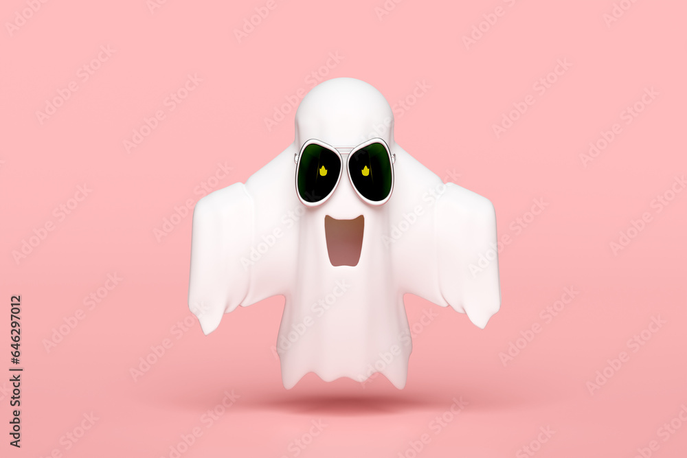 Fototapeta premium 3d halloween holiday party with cute ghost flying, sunglasses, flame in eye isolated on pink background. 3d render illustration