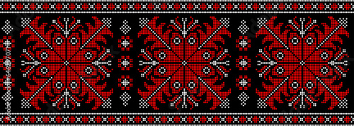 Vector illustration of Ukrainian ornament in ethnic style, identity, vyshyvanka, embroidery for print clothes, websites, banners. Background. Geometric design, border, copy space, frame