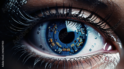 Artificial intelligence with human eye covered with technology