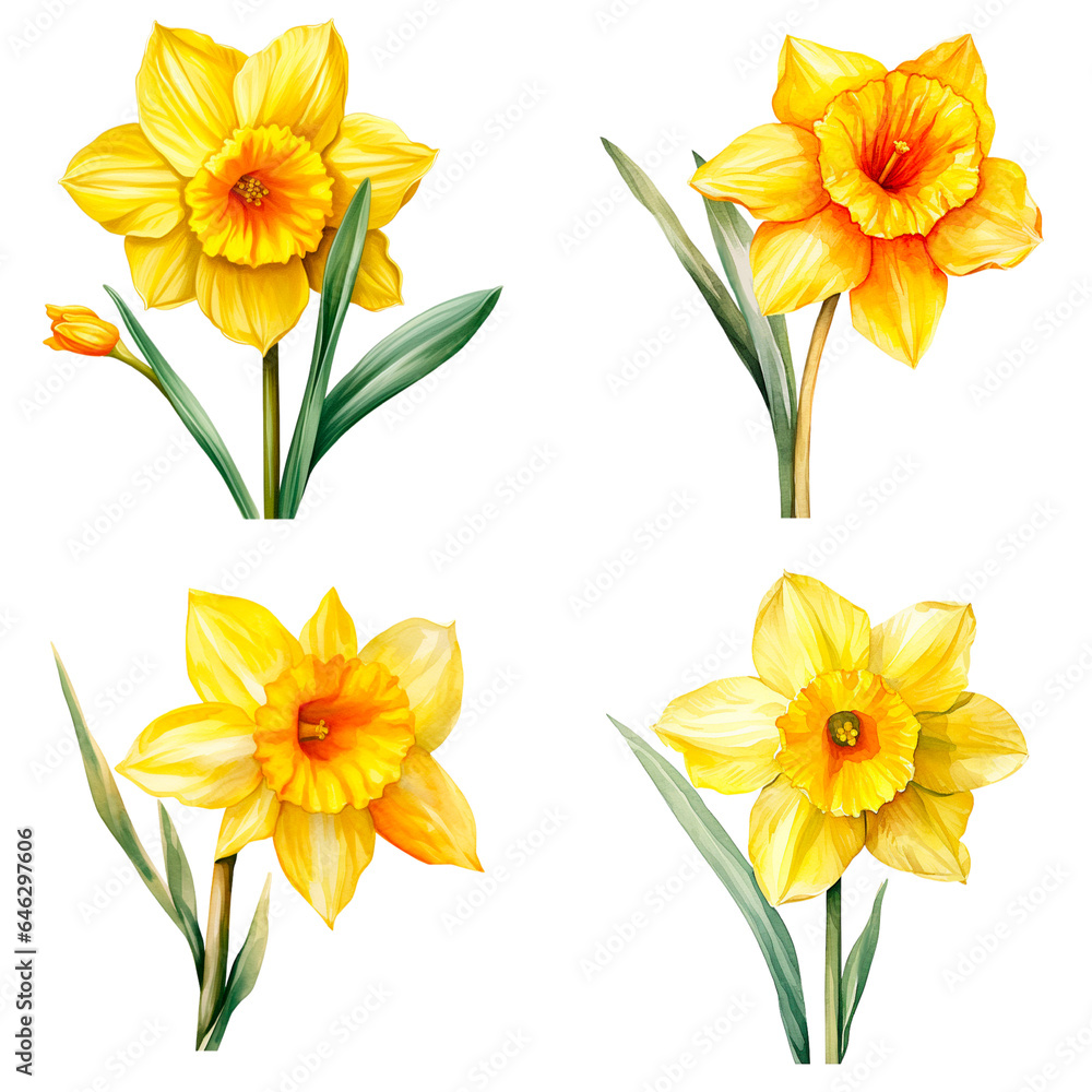 Set Of Watercolor Daffodil Flower on Transparent Background