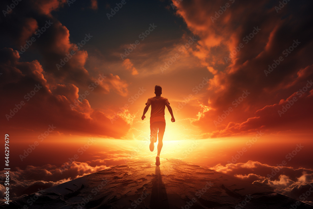 Sport and lifestyle concept. Runner dark silhouette running in to the sunset. Generative AI