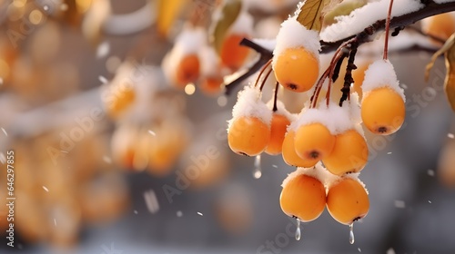 Small yellow apples on branches tree with snow. Winter or late autumn scene, beautiful nature with wild frozen berries on blurred dark background. Winer season apple trees close up and snowing