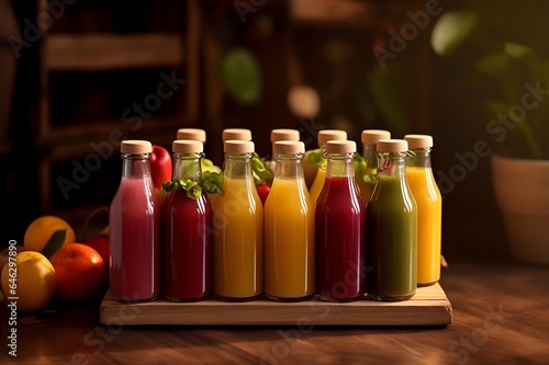 Juices in bottles on a wooden table