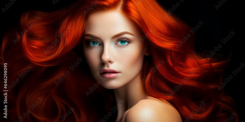 Obraz premium Young red haired woman with gorgeous voluminous long hair, dense, hairstyle. hair dye, hairstyle