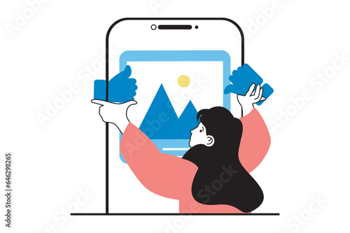 Social media concept with people scene in flat web design. Woman posting with photo, collecting likes from friends, answering comments. Vector illustration for social media banner, marketing material.