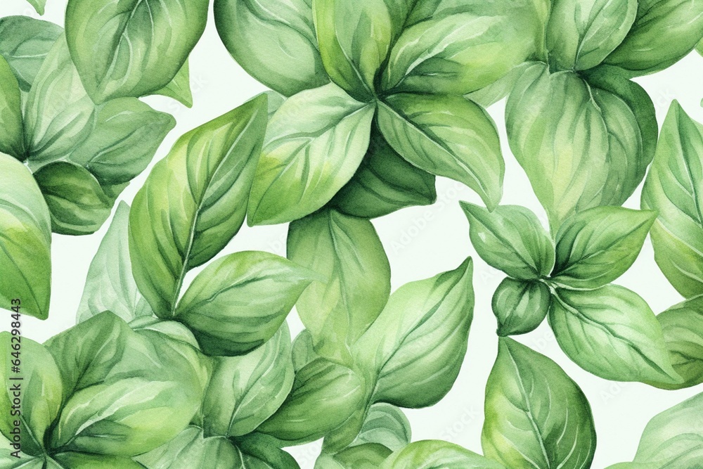 Plant-based watercolor pattern featuring basil leaves. Generative AI