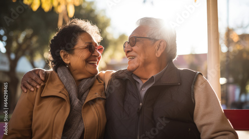 An elderly Hispanic couple enjoying outdoors, their love palpable, reflecting a Latin American immigrant's fulfilling retirement