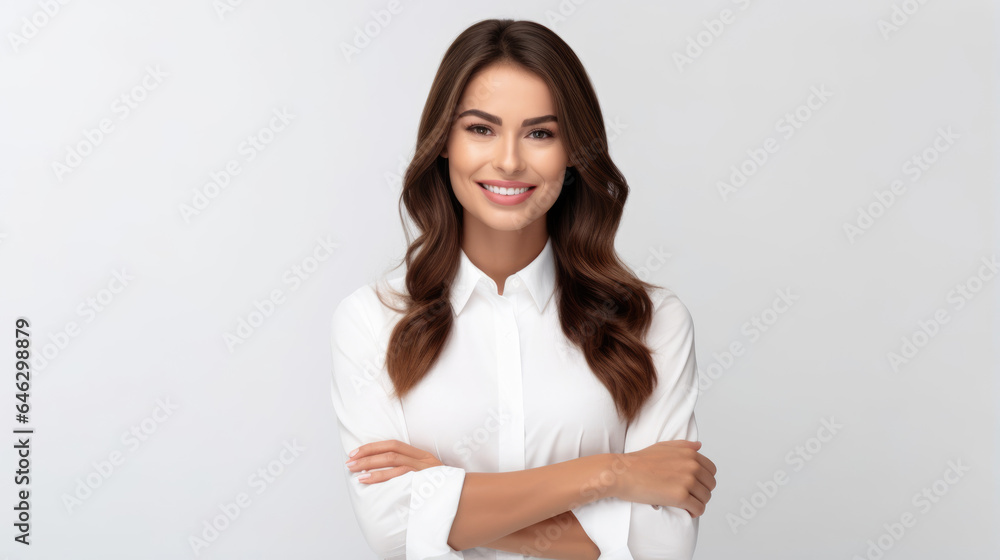 brunette business lady in white shirt smiling confident and cheerful with folded hands, isolated on white background. brunette business lady in white shirt smiling confident and cheerful with folded hands, isolated on white background.
