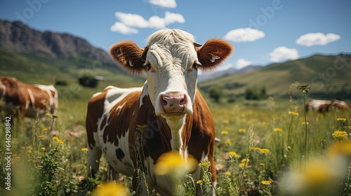 A cow is grazing during the day in a pasture
