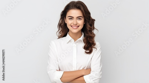 brunette business lady in white shirt smiling confident and cheerful with folded hands, isolated on white background.