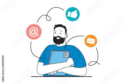 Social media concept with people scene in flat web design. Man sending and receiving emails, likes posts, following blog profiles. Vector illustration for social media banner, marketing material.