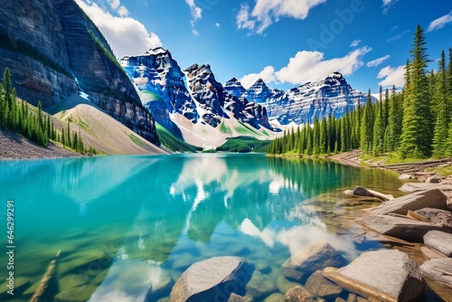Scenic summer landscape featuring majestic mountains and a crystal-clear lake. Generative AI