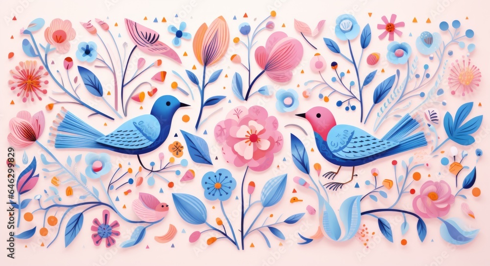 A vibrant painting of a bird soaring among a flurry of colorful flowers evokes a feeling of freedom and joy