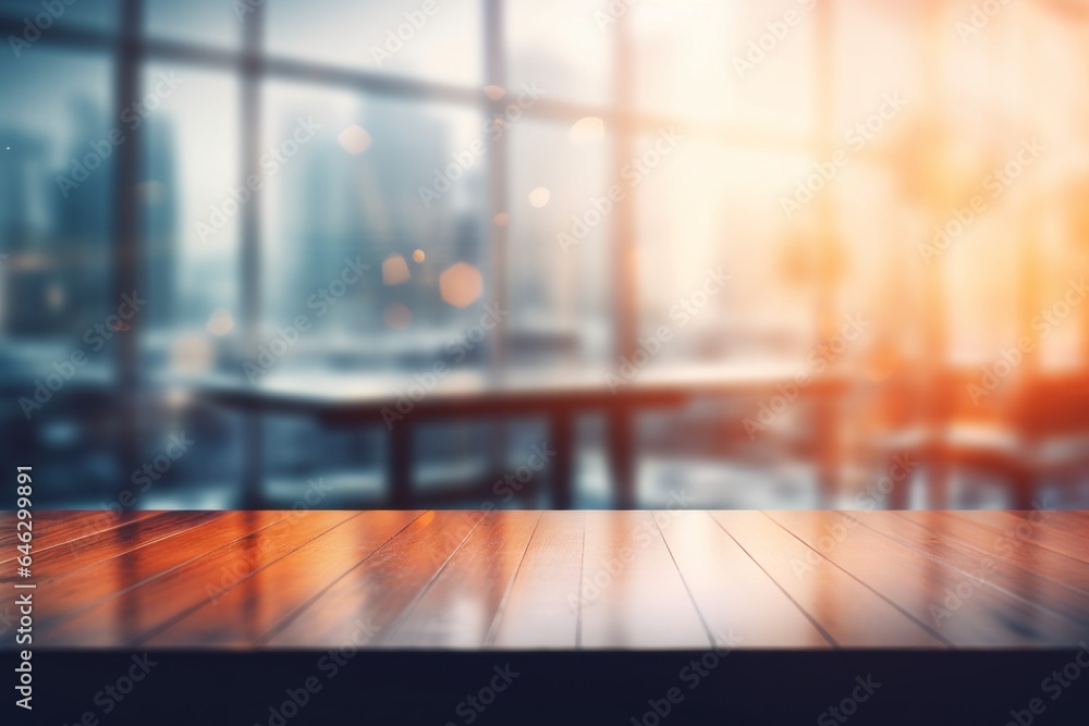 Office Blur Background with Wooden Table