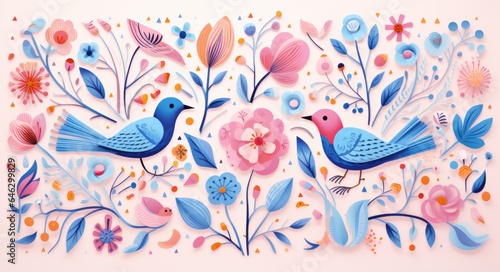 A vibrant painting of a bird soaring among a flurry of colorful flowers evokes a feeling of freedom and joy