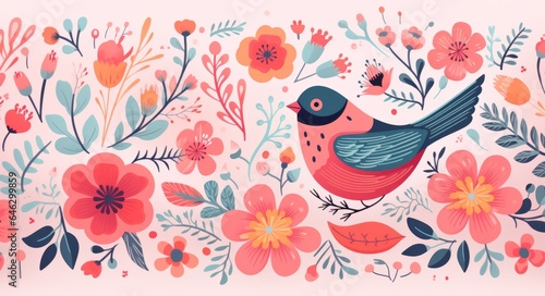 A whimsical illustration of a bird and flowers draws the eye  evoking feelings of joy and creativity through its vibrant colors and expressive brush strokes