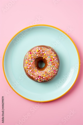 A glazed donut with rainbow sprinkles resting on a white plate, a perfect indulgent snack to savor in the comfort of your own home