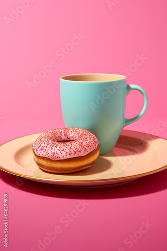 A playful and sweet combination of ceramic plate, teacup, and donut with sprinkles brings a hint of sugary delight to any indoor table setting